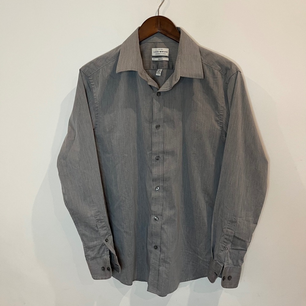 Lucky Brand Mens Slim Fit Long Sleeve Button Down Shirt Gray Size M 15-15.5